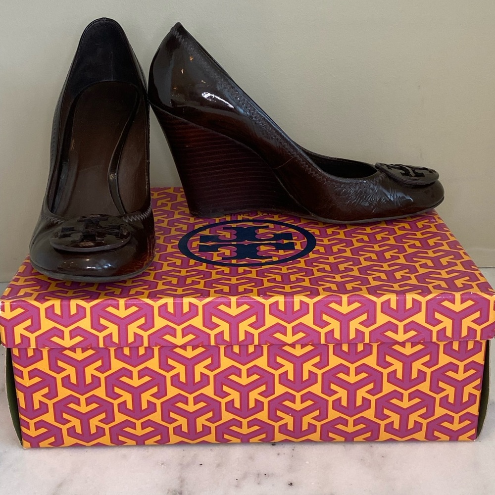 Tory Burch, patent leather wedges, 7.5 chocolate brown.